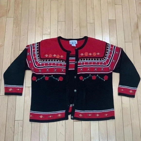 Vintage floral embroidered red button down cardigan sweater cotton blend | LP - Picture 1 of 7